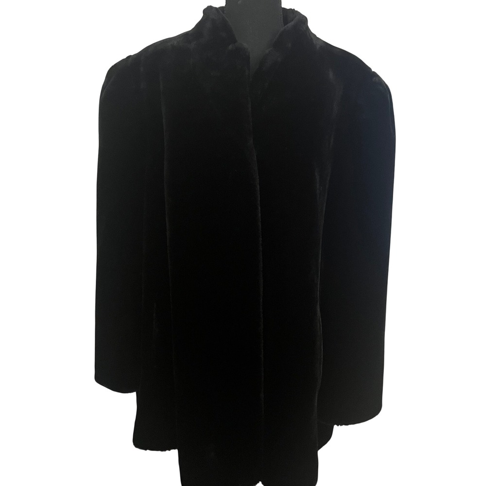 Luraseel Black Faux Fur Coat Plush Mid-Length Jacket Floral Lining Glam Classic